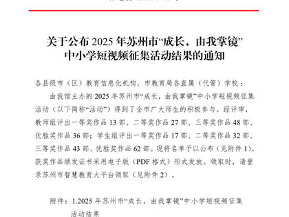 喜报：我校多名学生在2025年苏州市“成长，由我掌镜”中小学短视频征集活动中获奖